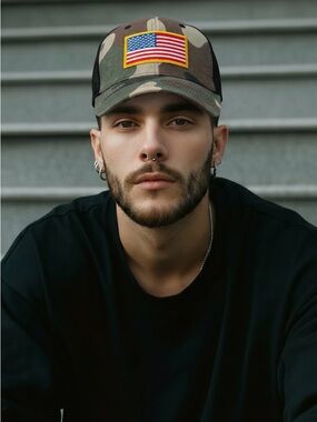Camo Trucker Hat with American Flag Patch